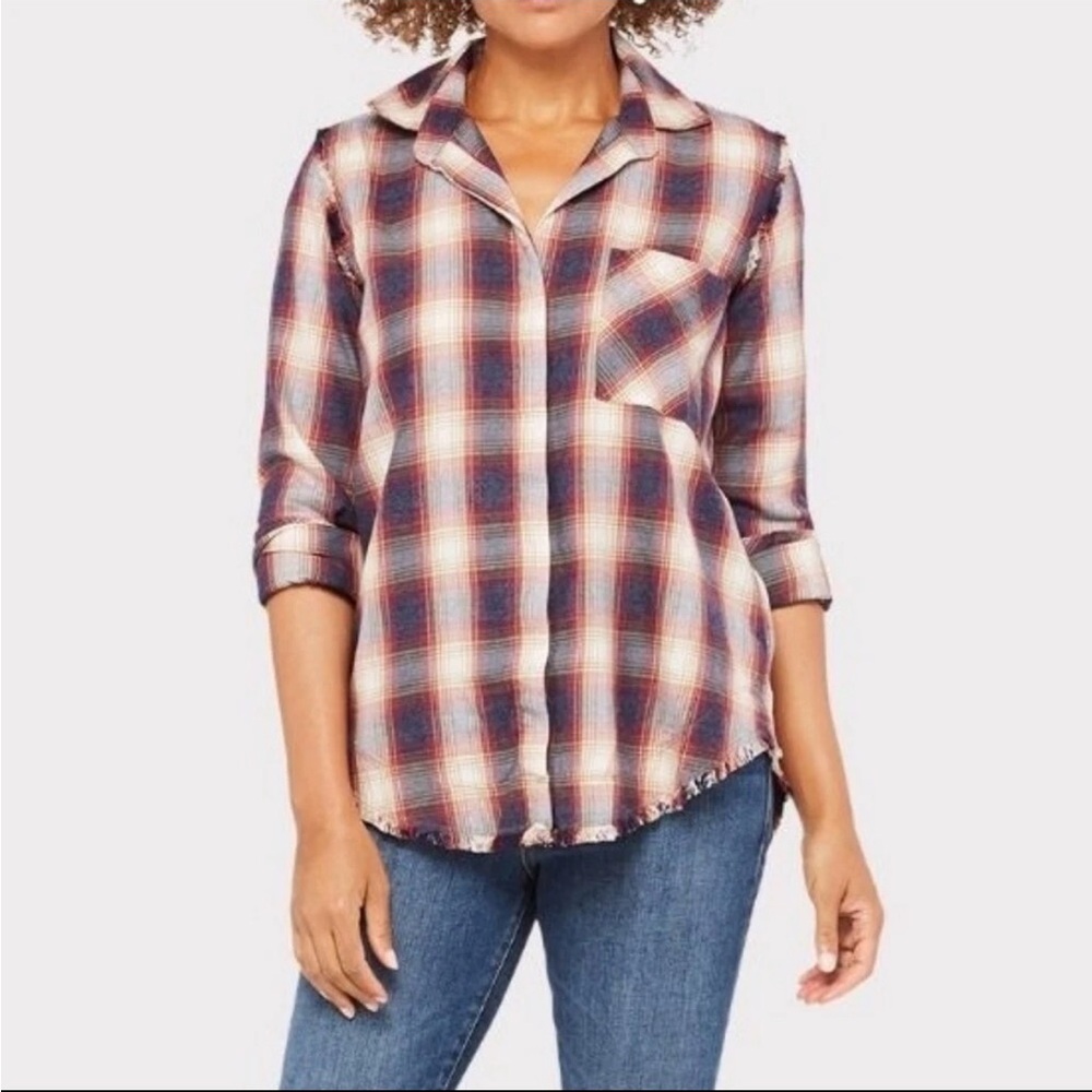 Cloth & Stone women’s S plaid frayed fringe hem long sleeve‎ button up boho top